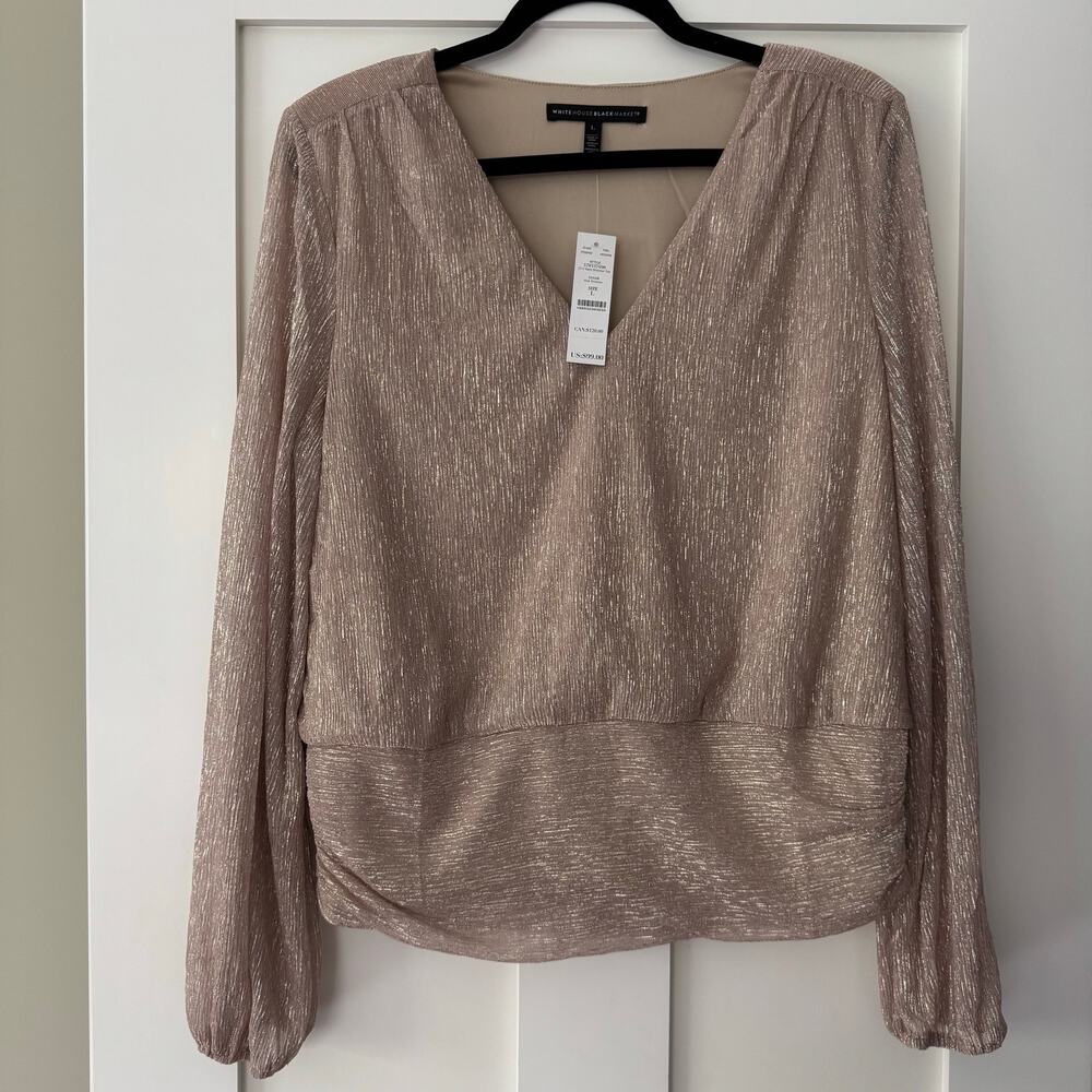 WHBM Metallic Pink Shimmer Long Sleeve V Neck Blouse Size Large NEW